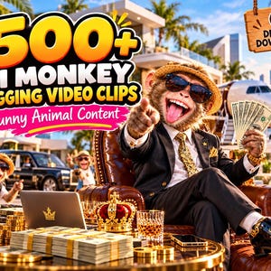 May include: A digital download graphic featuring a monkey in a suit, sunglasses, and straw hat sitting in a leather chair, holding cash. Text reads 500+ AI MONKEY VLOGGING VIDEO CLIPS Funny Animal Content and DIGITAL DOWNLOAD. Other monkeys appear in the background.