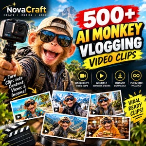 May include: A digital product advertisement featuring a monkey wearing sunglasses and a cap, holding a camera. The text reads 500+ AI MONKEY VLOGGING VIDEO CLIPS, NovaCraft, and Turn Clips into Content, Views & Income! Includes icons for HD quality, multiple scenarios, instant download, and PLR & MRR.