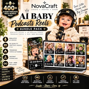 Puede incluir: Un paquete de marketing digital titulado AI Baby Podcasts Reels que muestra a un niño pequeño con auriculares y una gorra con corona, un teléfono inteligente con interfaz de podcast y una pantalla de portátil con ocho miniaturas de vídeo.