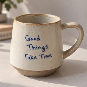Puede incluir: Una taza de cerámica color crema con motas y un asa resistente. El exterior presenta el texto en azul oscuro Good Things Take Time escrito en estilo manuscrito. La base de la taza es de un tono marrón sólido sin esmaltar que contrasta.