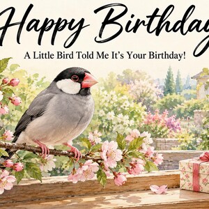 Java Sparrow Birthday Card, Japanese Illustration, 7x5 Printable PDF Download