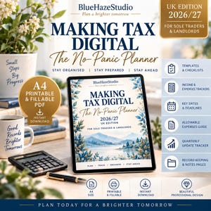 May include: A digital planner titled Making Tax Digital The No-Panic Planner 2026/27 UK Edition for sole traders and landlords. The tablet displays a landscape illustration with blue mountains and foliage. Includes icons for templates, trackers, and dates.
