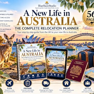 Op de afbeelding: Een digitale verhuisplanner getiteld A New Life in Australia, bestaande uit een spiraalgebonden boek en een tablet. De omslag toont het Sydney Opera House, de Harbour Bridge, een kangoeroe, een Brits paspoort en een reiskoffer.