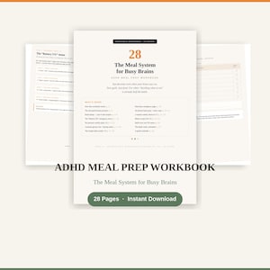 Può includere: Un quaderno di esercizi digitale intitolato 28 The Meal System for Busy Brains, con un sommario che include sezioni come The Battery 5% menu e 20 minute batch prep. Include un pulsante verde con la scritta 28 Pages Instant Download.