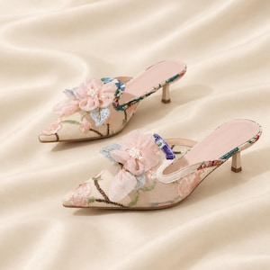 Embroidered Floral Kitten Heel Mules, Pointed Toe, Organza Flower Accent (Garden Party Shoes)