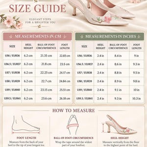 May include: A size guide for Coco Charm Shoes featuring a pair of cream-colored slingback heels with floral embroidery. The chart displays measurements in centimeters and inches for heel height, ball-of-foot circumference, and foot length.