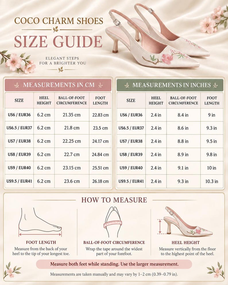 May include: A size guide for Coco Charm Shoes featuring a pair of cream-colored slingback heels with floral embroidery. The chart displays measurements in centimeters and inches for heel height, ball-of-foot circumference, and foot length.