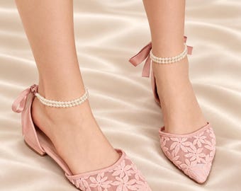 Blush Lace Bridal Flats, Pearl Strap, Comfortable Pointed Toe Pumps