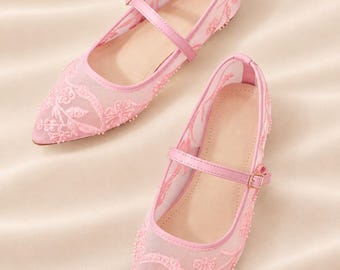 Pink Lace Mary Jane Flats, Embroidered Pointed Toe Shoes