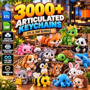 Könnte beinhalten: Eine Sammlung von über 3000 beweglichen Tier-Schlüsselanhängern, darunter ein Fuchs, Drache, Panda, Axolotl, Wolf, Schildkröte, Hai, Maus mit Käse, Biene, Krake, Igel, Hase, Reh und Pinguin. Das Bild enthält den Text 3000+ ARTICULATED KEYCHAINS.
