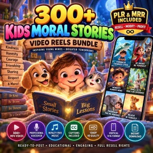 May include: A digital bundle titled 300+ Kids Moral Stories Video Reels Bundle featuring a child reading a book with a puppy and kitten. The image includes text, a smartphone displaying six story thumbnails, and circular icons for video features.