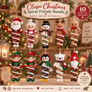 Op de afbeelding: Een digitaal haakpatroon PDF-bundel genaamd Classic Christmas Spiral Friends Bundle met 10 feestelijke ontwerpen, waaronder de Kerstman, Kerstvrouw, sneeuwpop, rendier, peperkoekfiguur, elfen, pinguïn, ijsbeer en een kabouter.