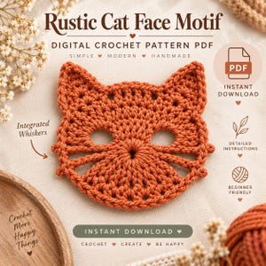 May include: A rust-colored crochet cat face motif with integrated whiskers and two eye cutouts. The text reads: Rustic Cat Face Motif, DIGITAL CROCHET PATTERN PDF, SIMPLE, MODERN, HANDMADE, INSTANT DOWNLOAD, DETAILED INSTRUCTIONS, BEGINNER FRIENDLY.