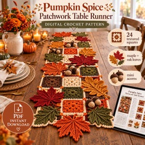 Crochet Table Runner Pattern PDF, Autumn Patchwork Granny Square Leaf Acorn Applique, Fall Table Decor, Thanksgiving Coaster Crochetpattern