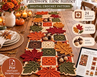 May include: A digital crochet pattern for a Pumpkin Spice Patchwork Table Runner. The design features 24 textured squares, crocheted maple and oak leaves, and mini acorns in autumn colors of orange, brown, cream, and dark green.