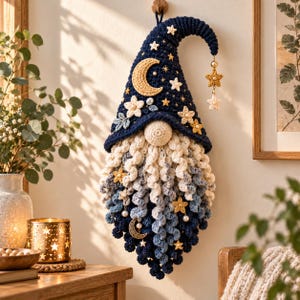 May include: A wall-hanging crochet gnome featuring a dark blue pointed hat decorated with a yellow crescent moon, white and yellow stars, and small flowers. The gnome has a round beige nose and a long, curly beard transitioning from white to blue.