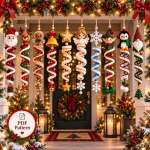 May include: A collection of ten hanging crochet ornaments featuring holiday characters including Santa, a reindeer, gingerbread person, bell, star, angel, snowflake, elf, penguin, and gnome, each with a spiraling tail and small bells.