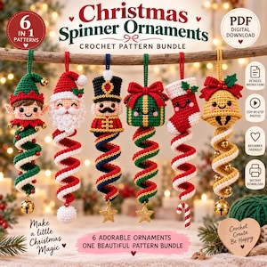 May include: A digital download crochet pattern bundle for 6 Christmas spinner ornaments. The set includes patterns for an elf, Santa Claus, a nutcracker, a gift box, a stocking, and a bell, all featuring spiral tails and hanging loops.