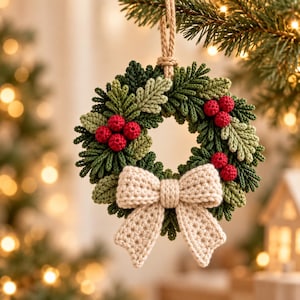 May include: A crocheted wreath ornament featuring dark green pine needles, light green leaves, and clusters of small red berries. A large, textured beige bow is attached to the bottom, and a jute twine loop is tied at the top for hanging.