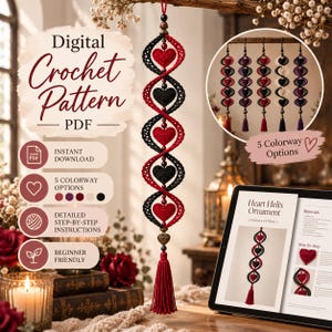 May include: A digital crochet pattern PDF for a heart helix ornament. The design features a vertical spiral of alternating red and black crocheted hearts, accented with beads and a red tassel. The document includes step-by-step instructions.