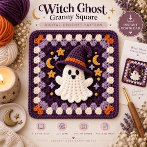May include: A square crochet piece featuring a white ghost wearing a purple witch hat with an orange band, centered on a dark purple background with yellow stars and moons, surrounded by a border of white, light purple, and orange yarn stitches.