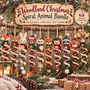 May include: A digital crochet pattern bundle titled Woodland Christmas Spiral Animal Bundle featuring 10 hanging ornaments. Each ornament depicts a different woodland animal with a spiral tail, including a fox, deer, rabbit, bear, owl, squirrel, hedgehog, raccoon, bird, and moose.