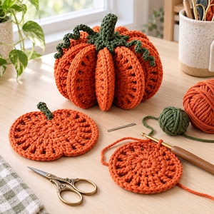 May include: A three-dimensional crocheted orange pumpkin with a dark green stem and curly vines, alongside a flat crocheted pumpkin coaster, a partially finished circular crochet piece with a wooden hook, yarn balls, and ornate metal scissors.