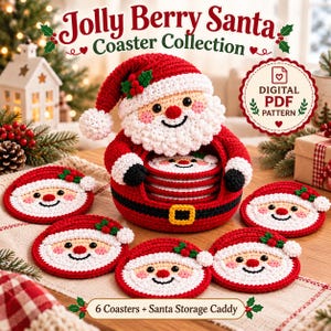 May include: A Jolly Berry Santa Coaster Collection digital PDF pattern featuring a crocheted Santa-shaped storage caddy and six matching round Santa face coasters. The caddy has a red hat, white beard, and black belt with a yellow buckle.