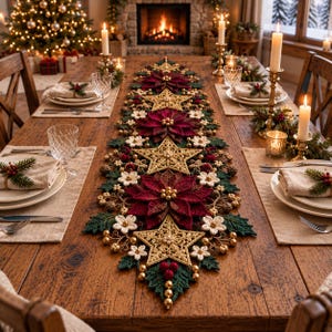 May include: A long, decorative Christmas table runner featuring crocheted red poinsettias, gold stars, white flowers, and green leaves. The runner is centered on a wooden dining table with place settings, candles, and festive decor.