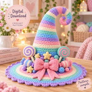 May include: A crocheted witch hat featuring pastel stripes in pink, blue, purple, and cream. The hat is decorated with a large pink bow, two round lollipops, small yellow stars, and candy-shaped accents. Text reads Digital Download.
