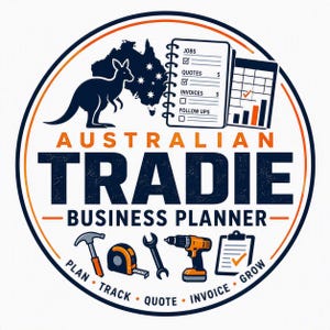 Puede incluir: Un logotipo circular para un Australian Tradie Business Planner con la silueta de un canguro, un mapa de Australia, una lista de trabajos, presupuestos y facturas, y herramientas como martillo, cinta métrica, llave inglesa y taladro.