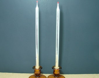 Vintage Pair of 14" Mercury Glass Candles with Red Flame Tip, 2 Silver Color Candlesticks