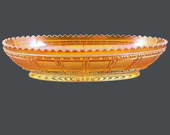 Imperial Glass Beaded Block Marigold Oval Relish Dish, Orange Iridescent Depression Glass Bowl