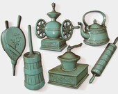 Sexton Turquoise 3D Kitchen Wall Hangings, Set of 6 Retro Wall Decor, Vintage Blue Metal Plaques