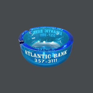 Vintage Atlantic Bank Blue Glass with White Print Round Ashtray, Advertising Collectible Ash Tray Tobacciana, 2 Slot
