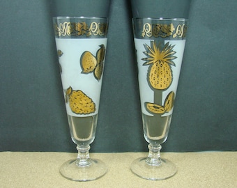 2 Helen Luger Gold Fruit & Frosted White Pilsners, Pair of Vintage Beer Glasses