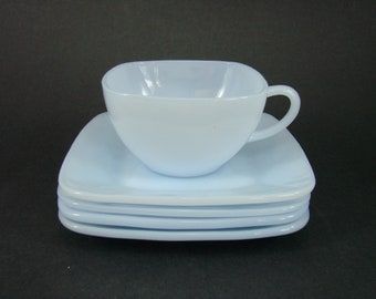 Fire King Charm Azur-ite Cup and 4 Saucers, Anchor Hocking Blue Square Coffee Tea Cup Saucer Set