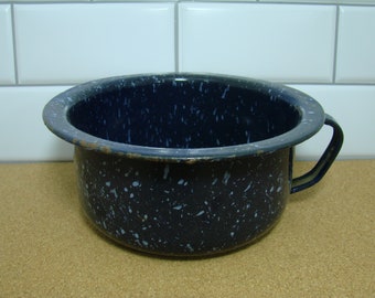 Vintage Graniteware Blue White Speckled Handled Bowl, Bluestone Enamelware Giant Cup, Metal Planter, As Is