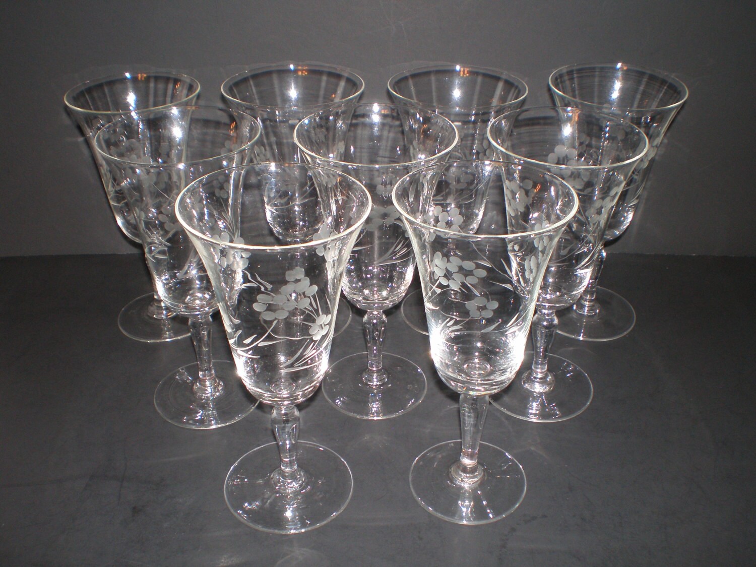 9 Etched Wine Glasses Libbey Stemware Clear Glass Vintage Etsy