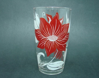 Vintage Red and White Flowers Glass, Floral Tumbler, Swanky Swig, Retro Barware