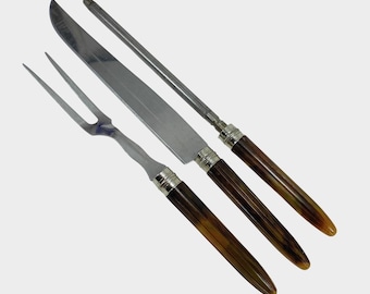 1950s Carving Set with Butterscotch Handles and Stainless Steel, Knife, Serving Fork, Sharpening Rod