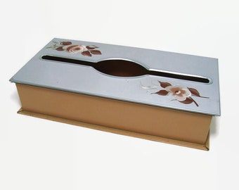 Vintage Chrome Metal  and Tan Tissue Box Cover with Tan & White Hand Painted Roses, Floral Wall Hanging Box