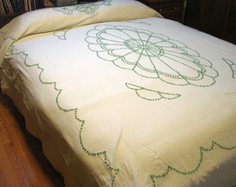 White Cotton with Green Dot Chenille Twin or Full Bedspread 77.5" X 103", Double Bed Vintage Cotton Spread