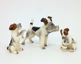 3 Fox Terrier Porcelain Ceramic Lot Made in Japan, Dog Figurine Set, Holding Newspaper, Slipper, Begging,