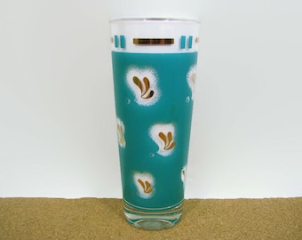 Anchor Hocking Glass 1960 Satin Frost Frosted Turquoise & 22K Gold Tumbler, Vintage Blue Barware