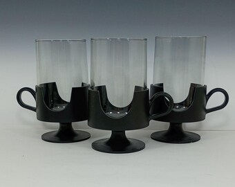 3 Glas-Snap by Corning Black Holders with Handle and Glass Cups, Vintage Barware Tumblers Glasses