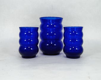 3 Louie Glass Harpo Pattern, 1930s Cobalt Blue, One 4 1/8" Flat Tumbler, Two 3" Juice Glasses