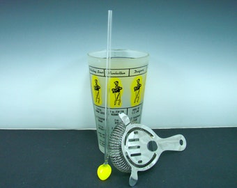 Vintage Cocktail Mixer Set, Libbey Drink Recipe Frosted Glass Mixing Cup, Glass Straw with Yellow spoon, Metal Strainer, Retro Barware