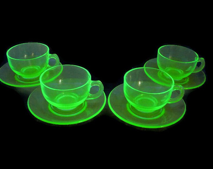 4 Vaseline Glass Cups and Saucers Green Uranium Glass Coffee Etsy