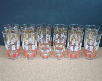 12 Federal Glass 1963 Windows Pattern, 10 Tumblers, 2 juice Glasses, 22 Kt. Gold, White, Red, Mid Century Barware Retro Kitchen